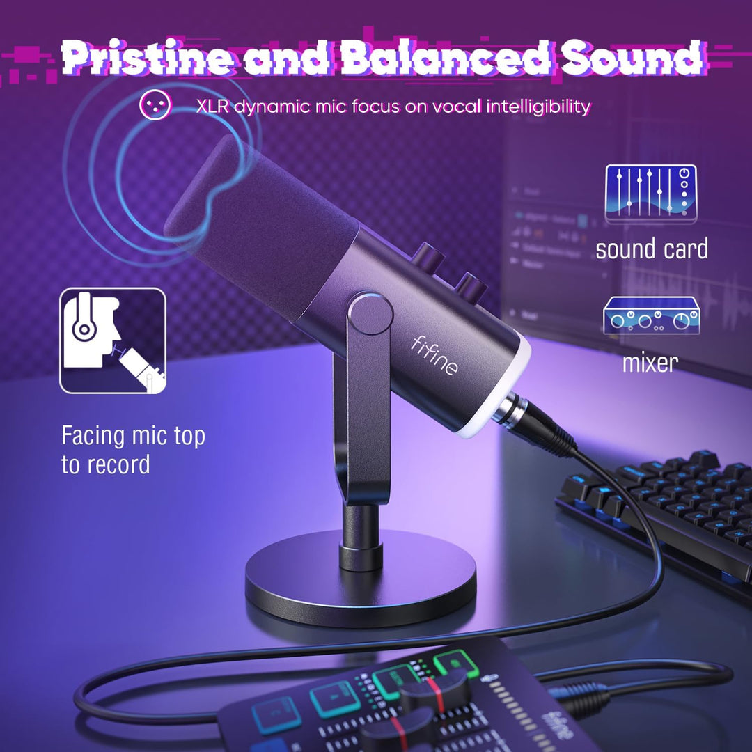 FIFINE XLR Streaming Mikrofon und Gaming Audio Mixer, USB Dynamisch Microphone Gaming PC für Podcast