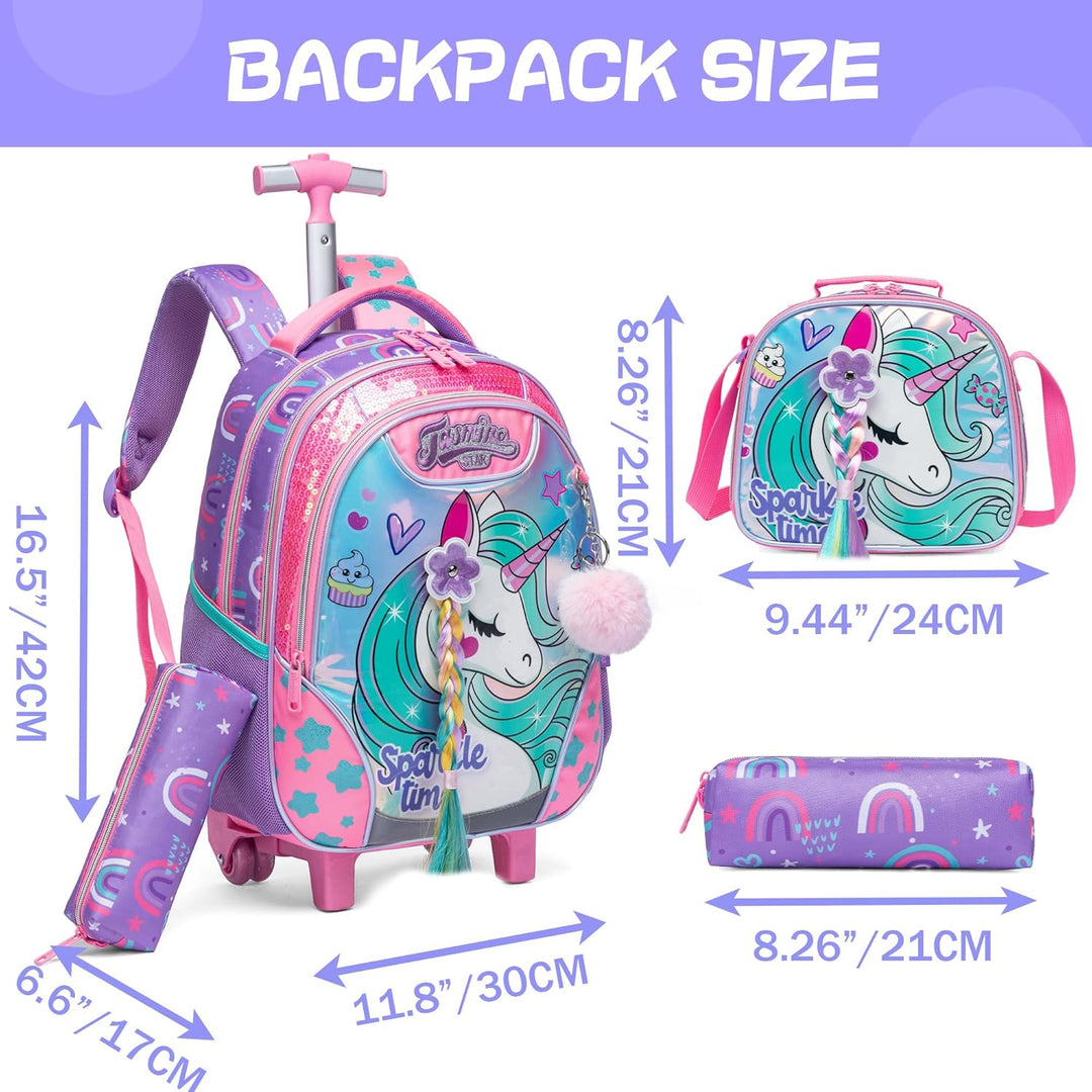 HTgroce Trolley Rucksack Mit Rollen, Federmäppchen, Lunch Tasche 3 in 1 Leicht Rolling Schulranzen f
