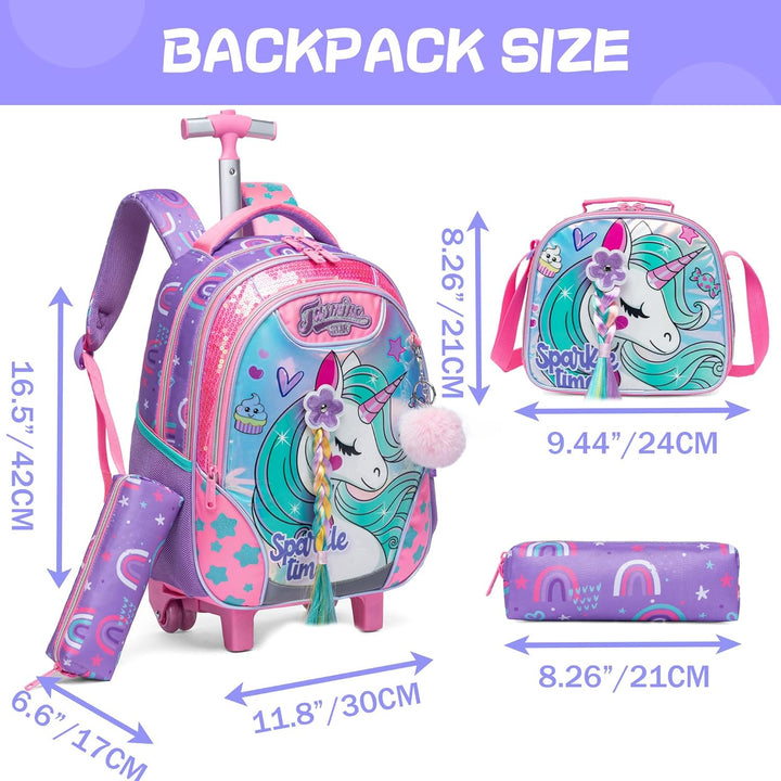 HTgroce Trolley Rucksack Mit Rollen, Federmäppchen, Lunch Tasche 3 in 1 Leicht Rolling Schulranzen f