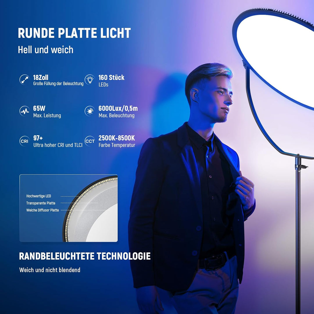 NEEWER 18" RGB Rundes LED Panel Videolicht mit APP Steuerung, Fotolicht 65W 6000Lux/0,5m 2500K-8500K