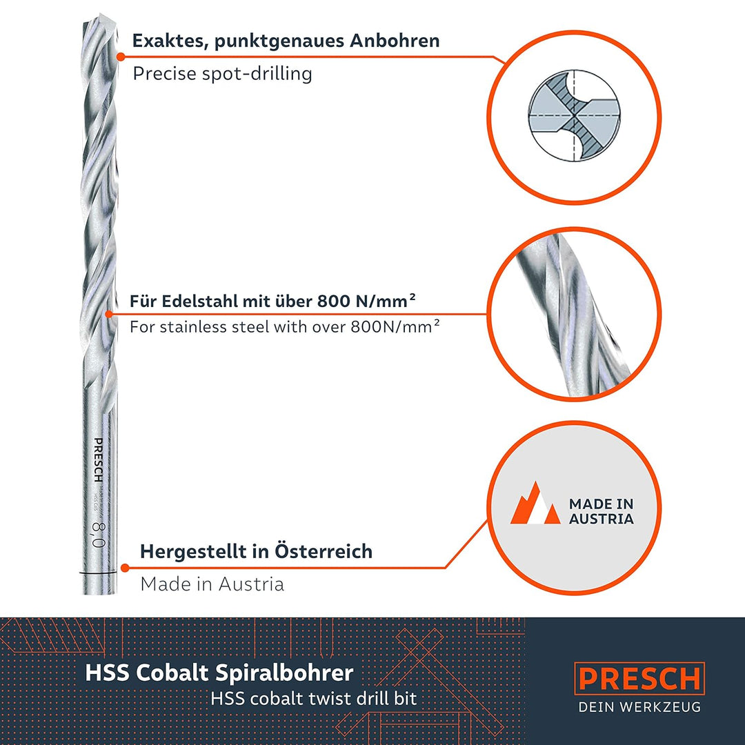 Presch Metallbohrer Set HSS Cobalt 19-tlg - Edelstahl Bohrersatz - Hochwertiges Bohrer Set für Metal