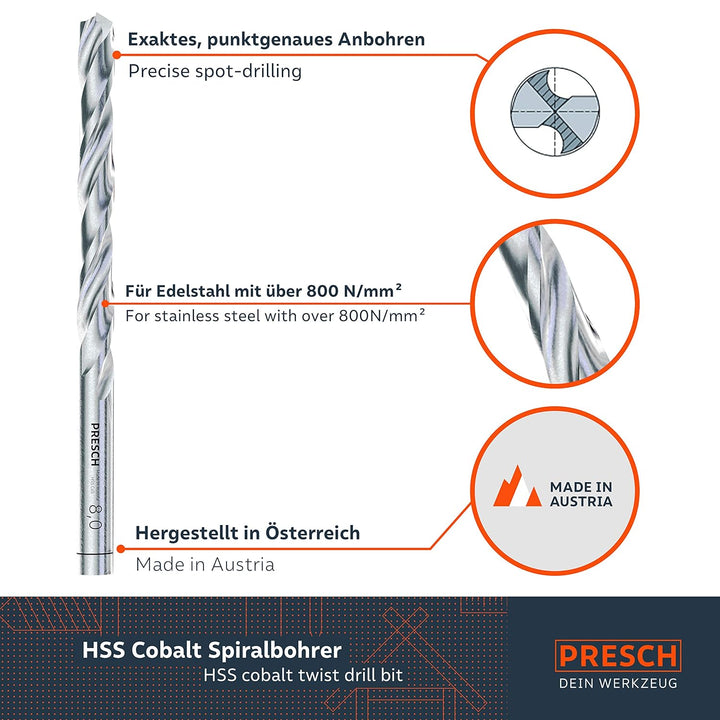 Presch Metallbohrer Set HSS Cobalt 19-tlg - Edelstahl Bohrersatz - Hochwertiges Bohrer Set für Metal