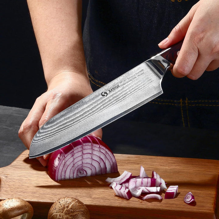 Santokumesser 18 cm, Profi Damastmesser aus 67 Lagen echten Damaststahl, Ultrascharfes Santoku Messe