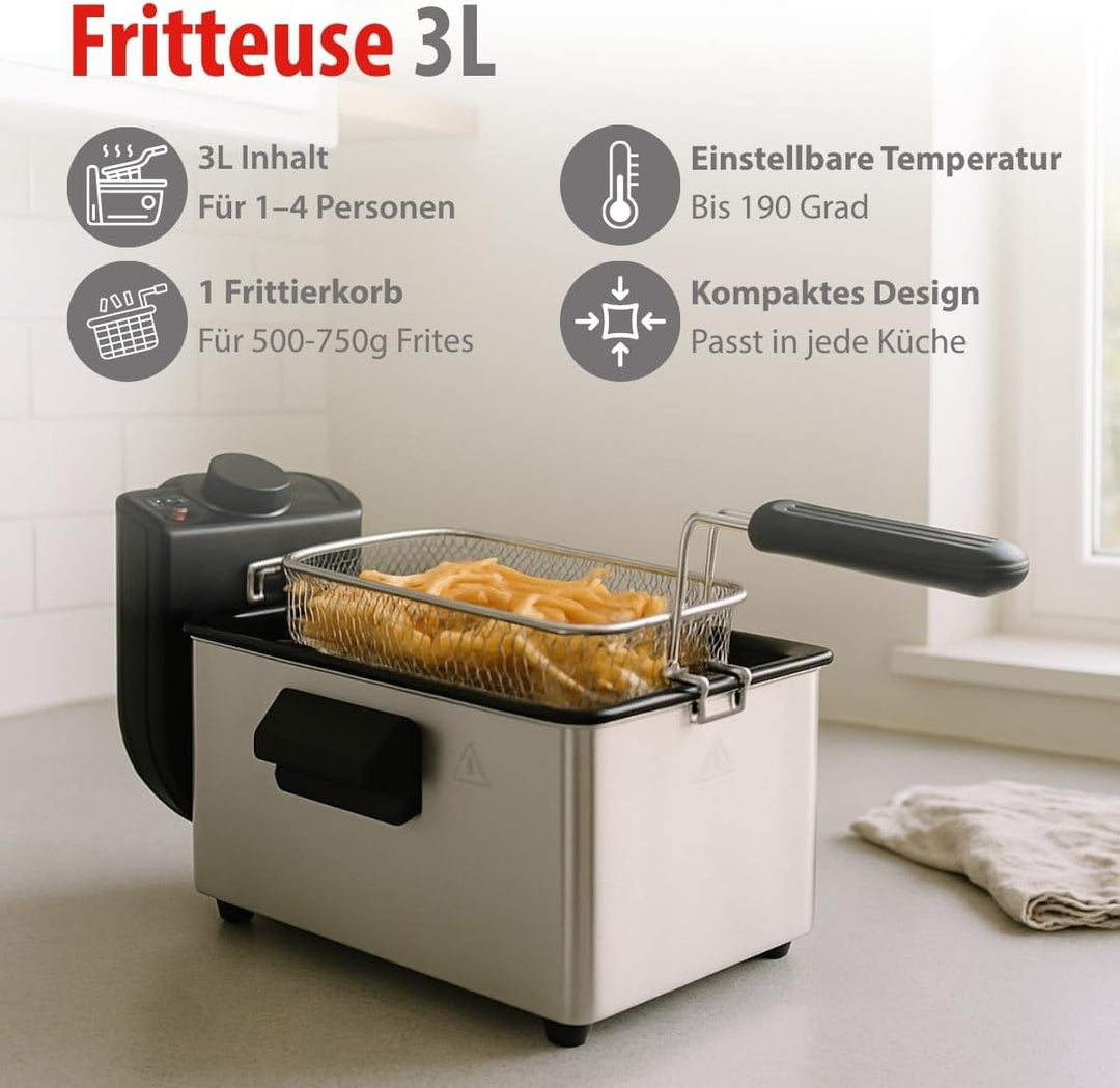 alpina Friteuse mit Fett 3L - Fritteuse mit Öl und Einstellbarem Thermostat - Fritöse mit abnehmbare