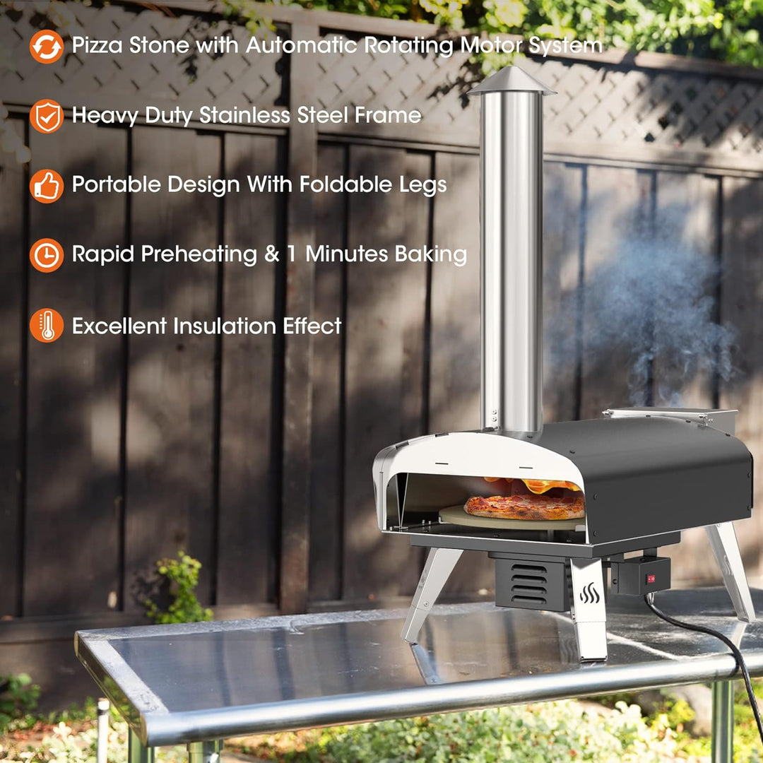 Mimiuo Outdoor Pizzaofen, Pelletofen für den Garten mit automatischem Drehsystem, Holzofen mit Pizza