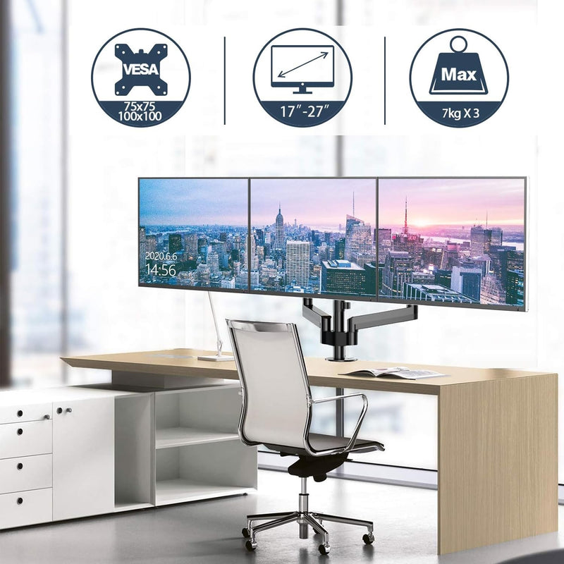 WORLDLIFT Monitor Halterung 3 Monitore, Premium Aluminium 3 Monitor Halterung für 17"-27" LED LCD Bi