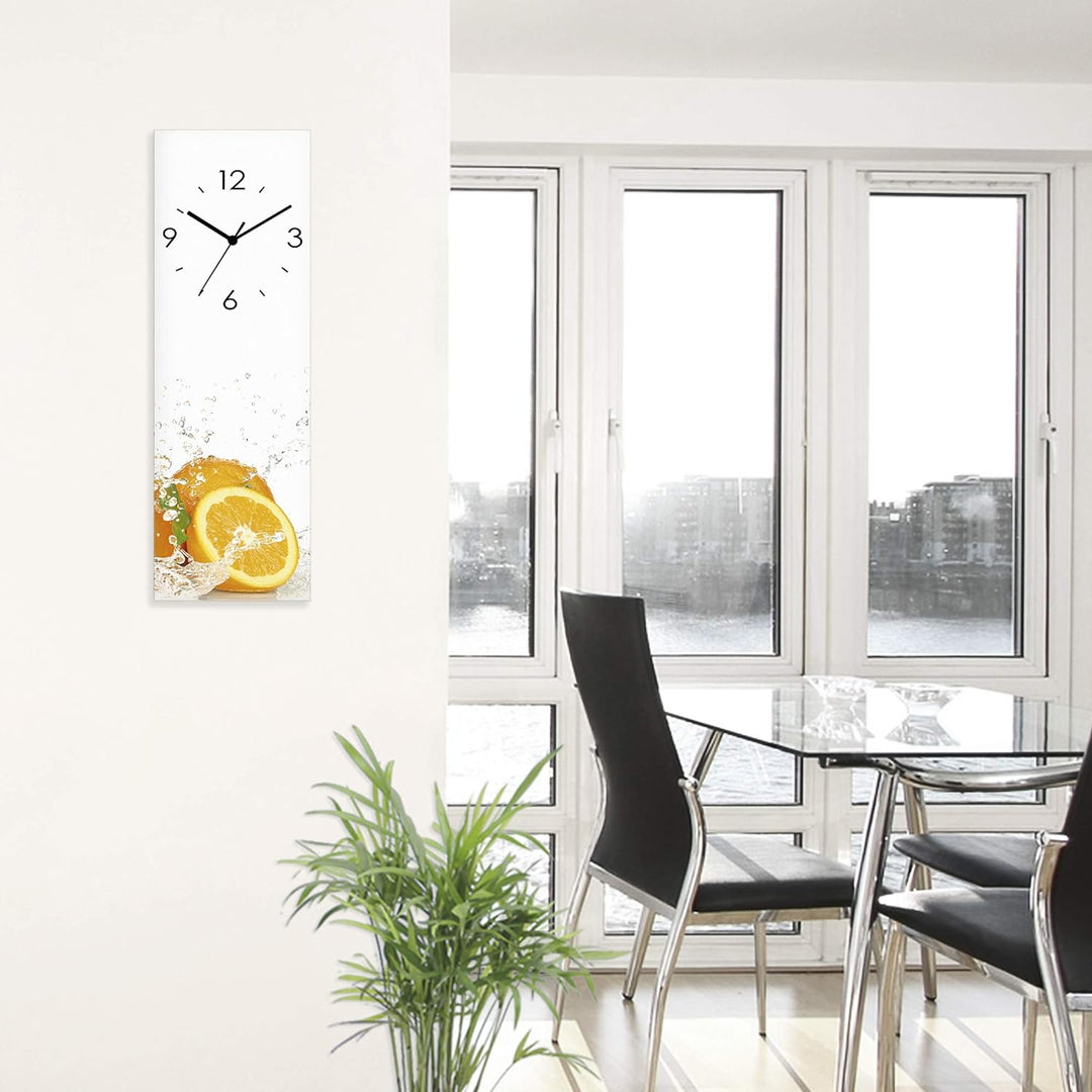 ARTLAND Wanduhr ohne Tickgeräusche Glas Funkuhr 20x60 cm Rechteckig Lautlos Obst Früchte Orange im W