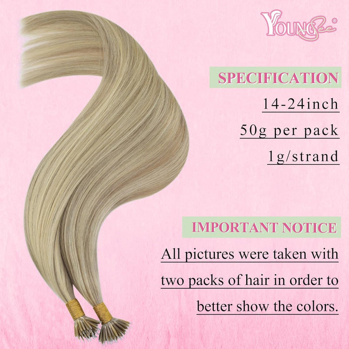YoungSee Nano Extensions Echthaar Blond 55 cm Nanoring Extensions Echthaar Gesträhnt Goldblond Mit B