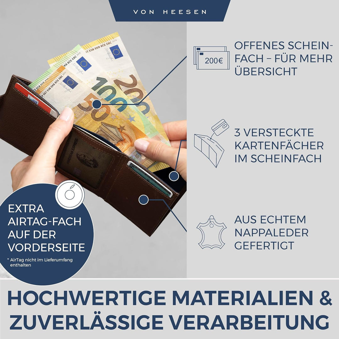 VON HEESEN Slim Wallet mit Airtag-Fach Braun Dunkelbraun OHNE MÜNZFACH & AIRTAG FACH, Dunkelbraun OH