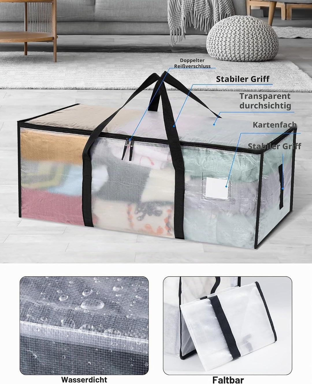 JOJOSEE 6 Stück 120L Aufbewahrungstasche, Grosse Transparente Umzugstaschen mit Reissverschluss Grif