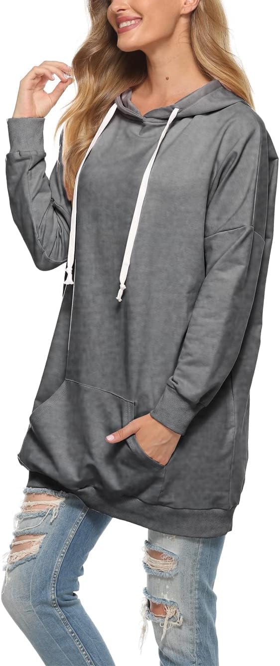 Famulily Damen Oversized Hoodie Kleid Baumwolle Lang Sweatshirt mit Kapuze Einfarbige Kapuzenpullove