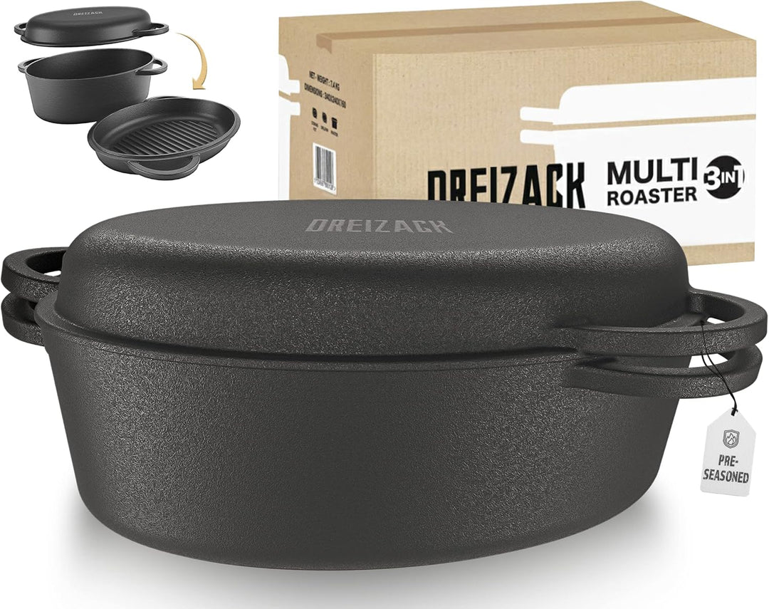 DREIZACK DREIZACK Gusseisenbräter mit Grilldeckel, multifunktionaler Gusseisentopf, Gusseisenpfanne,