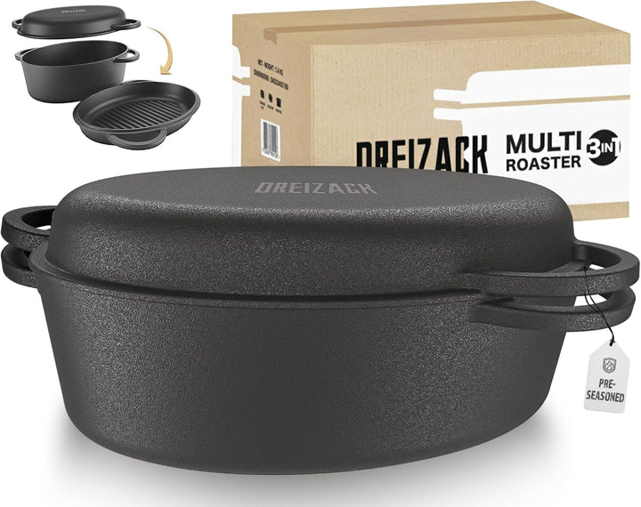 DREIZACK DREIZACK Gusseisenbräter mit Grilldeckel, multifunktionaler Gusseisentopf, Gusseisenpfanne,