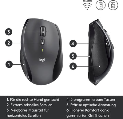 Logitech M705 Marathon Kabellose Maus, 2,4 GHz mit USB-Unifying-Empfänger, 1000 DPI, 5 programmierba