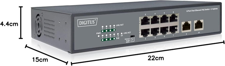 DIGITUS Fast Ethernet PoE+ Switch - 19 Zoll - 8 Ports + 2X Uplink RJ45 - IEEE802.3af/at - 120W Power