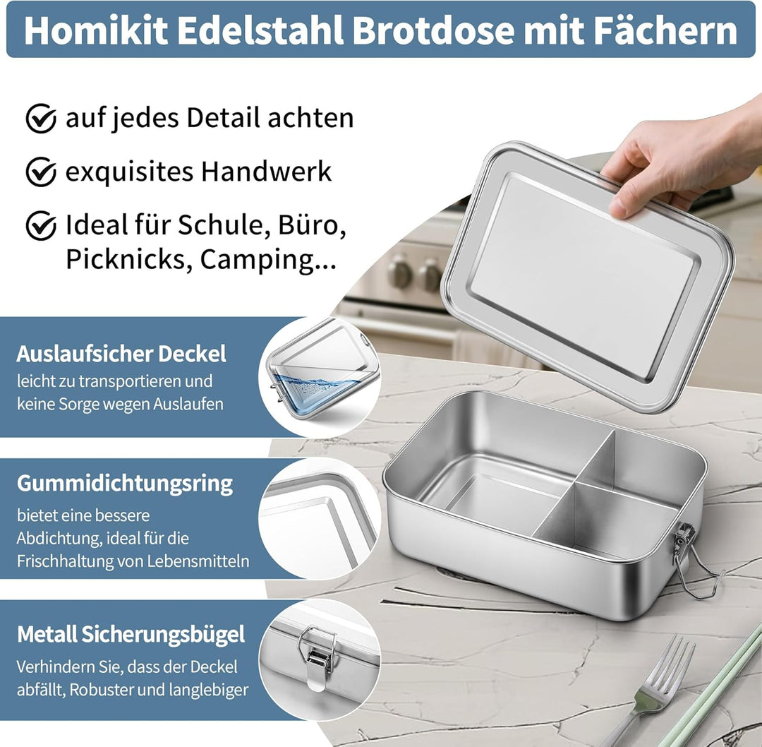 Homikit Brotdose mit Fächern, Edelstahl Bento Box Lunchbox mit Tasche, 1400ml Lunch Box für Kinder &