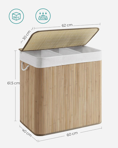 SONGMICS Wäschekorb 3 Fächer, 150 L Wäschesammler mit Deckel, Wäschebox Bambus, mit Griffen, faltbar