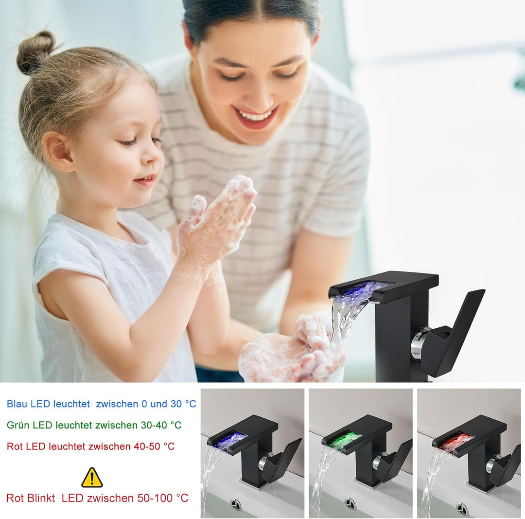 KEOKBON LED Lichter Bad Wasserhahn Schwarz, Farbtemperatur Wasserfall Waschtischarmatur, 3 Farbe Was