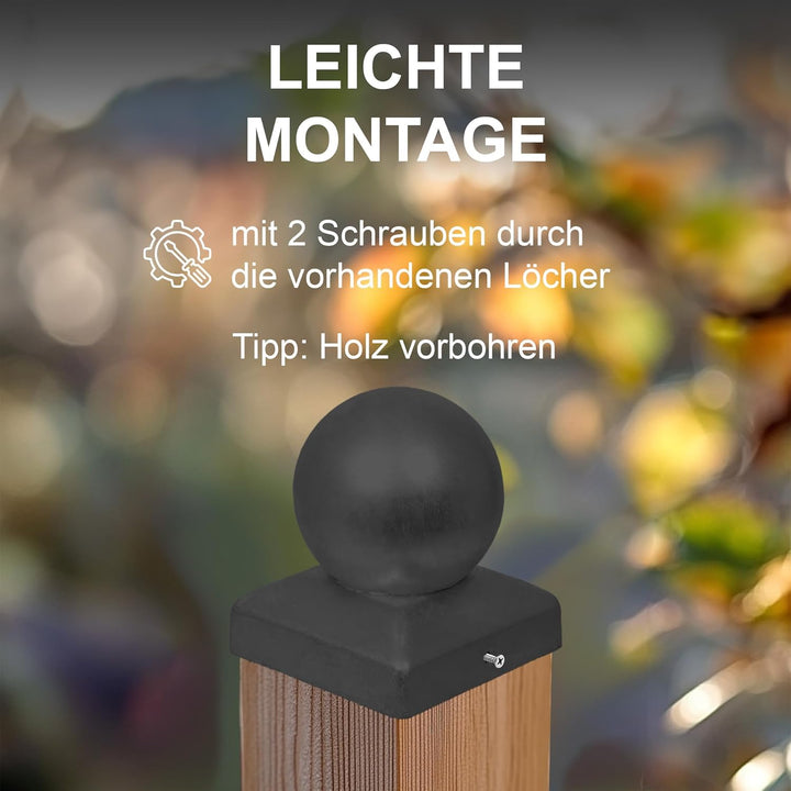 Pfostenkappe Kugel | Stahl Schwarz pulverbeschichtet | 91 x 91 mm | 10 Stück | Abdeckkappe für Garte
