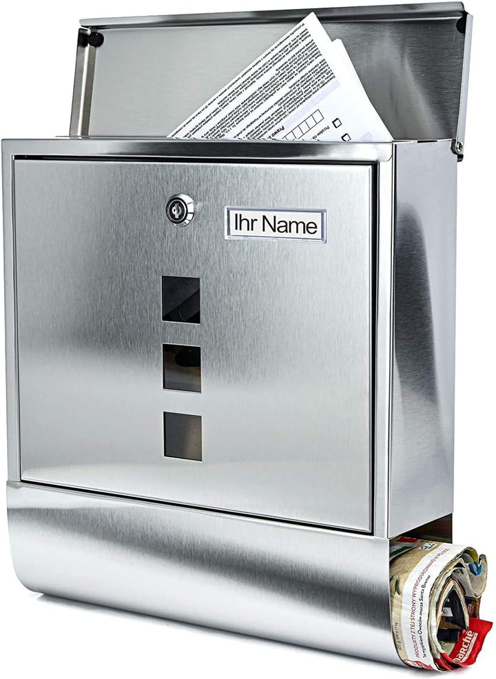 Personalisierter Briefkasten mit Zeitungsfach und 3 Sichtfenster, Edelstahl Postkasten Designer Wand