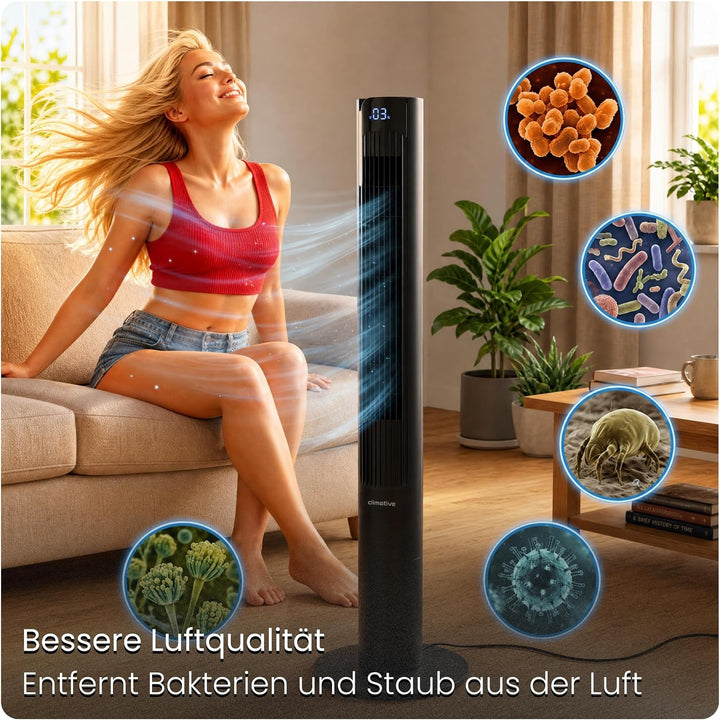 Turmventilator 115cm WiFi Tuya MAX, Ionisator & Duftfach, Orkanartiger 8,5m/s Wind, Nachtlicht, Oszi