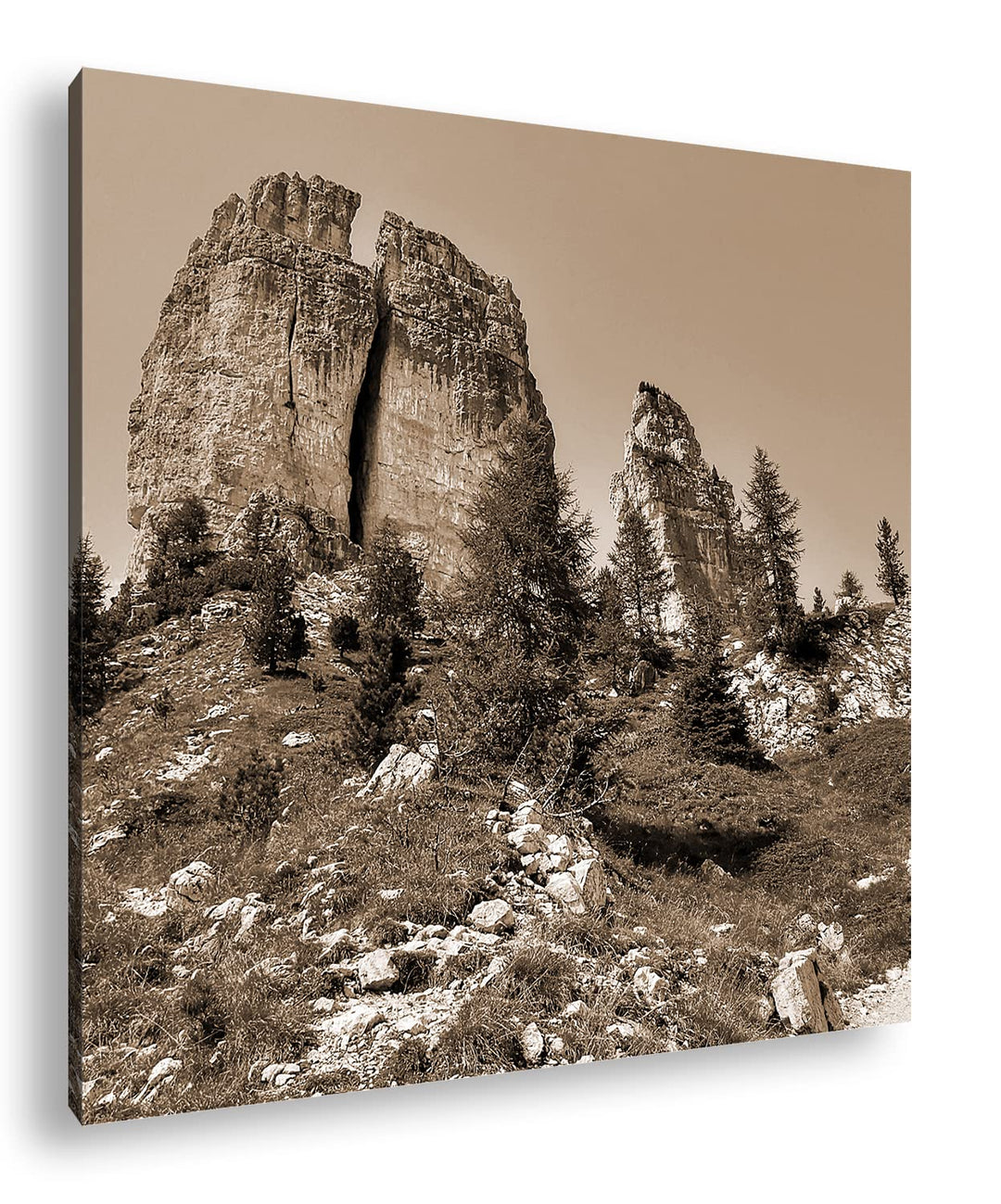 Wanderziel in den Dolomiten Effekt: Sepia; Format: 60x60 als Leinwandbild, Motiv fertig gerahmt auf