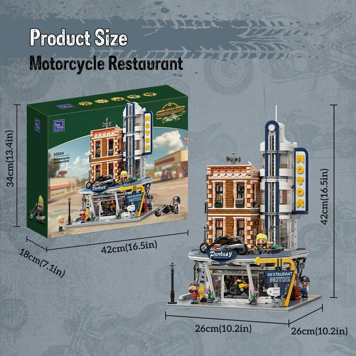PANTASY Retro Motorrad-Diner & Bar Bauset, 2994 Teile Modulares Strasseneck-Architektur-Kit mit inte