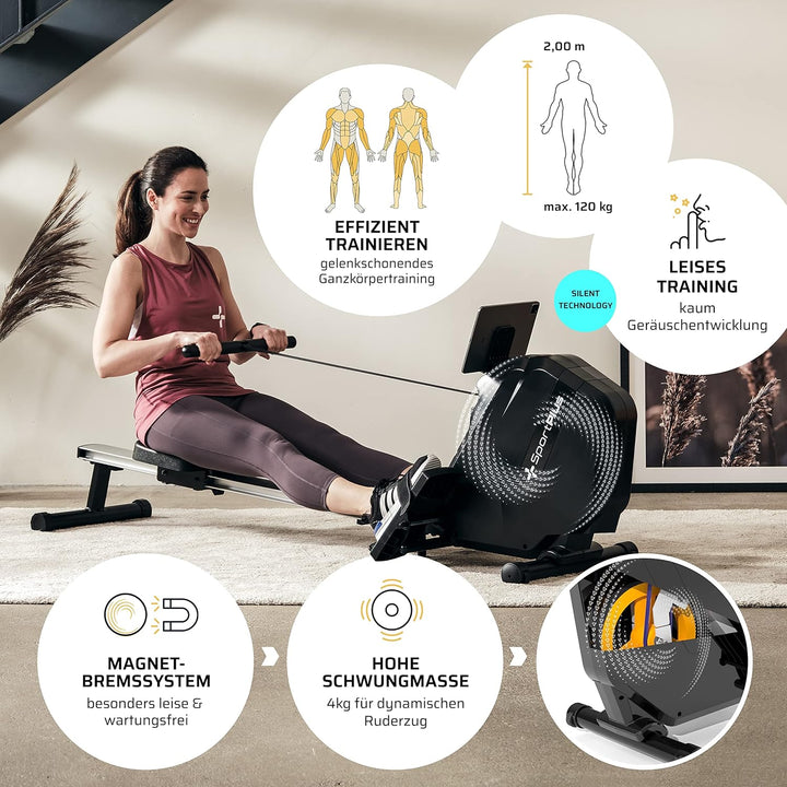 SportPlus| 2022 Modell | Rudergerät für zuhause mit Handyhalterung, klappbar & mit Transportrollen,