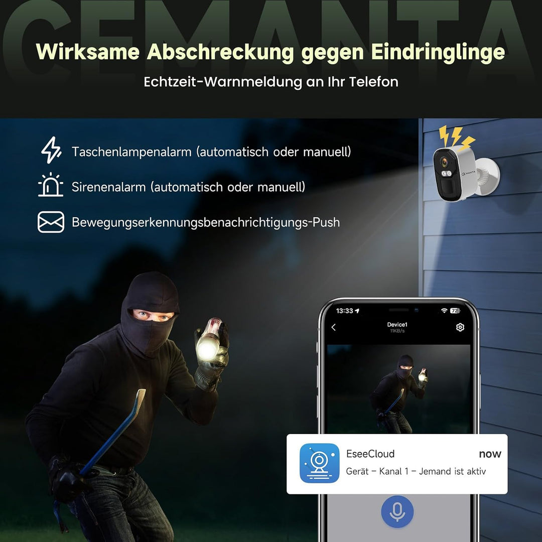 4MP Überwachungskamera Aussen Akku - 2,4G/5GHz WLAN, Kostenlosem Cloud-Speicher, IP66 wetterfest, AI