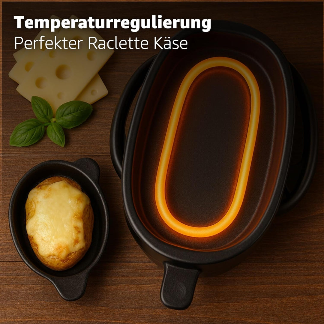 8 Personen Set Raclette Grill oval - Mit Grillplatte & Crepes Funktion - Tischgrill inkl. Pfännchen