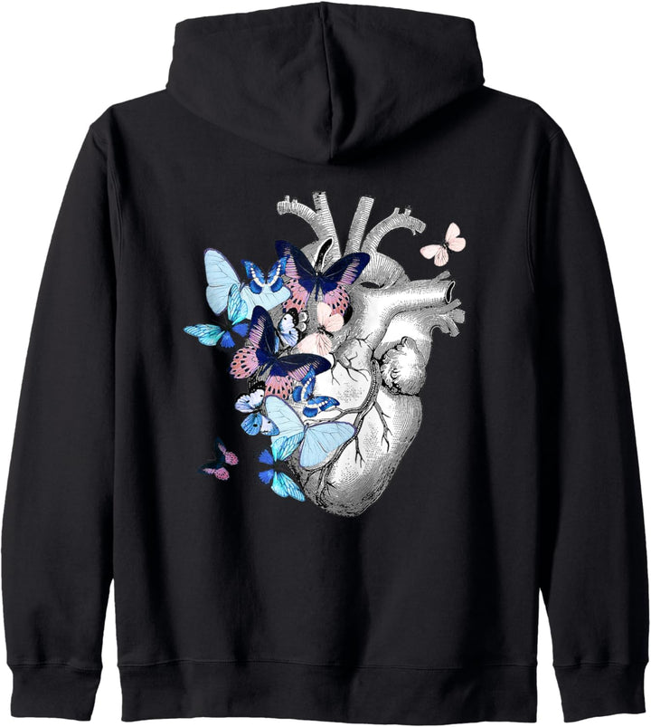 Anatomisches Herz mit blauen Schmetterlingen, menschliches Herz Zeichnung Kapuzenjacke