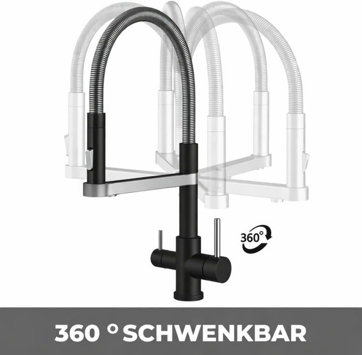 AORA® | STATEMENT INOX 3 Wege Wasserhahn aus Edelstahl 2.0 | 360° drehbare Küchenarmatur aus massive