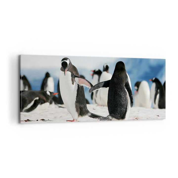 Panorama Bilder auf Leinwand 100x40cm Leinwandbild Pinguine Winter Natur Schnee Gross Wanddeko Bild
