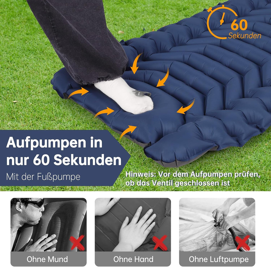 HAUSPROFI Isomatte Camping, Ultraleicht Camping Luftmatratze mit Fusspumpe & Kissen, Aufblasbare Mat