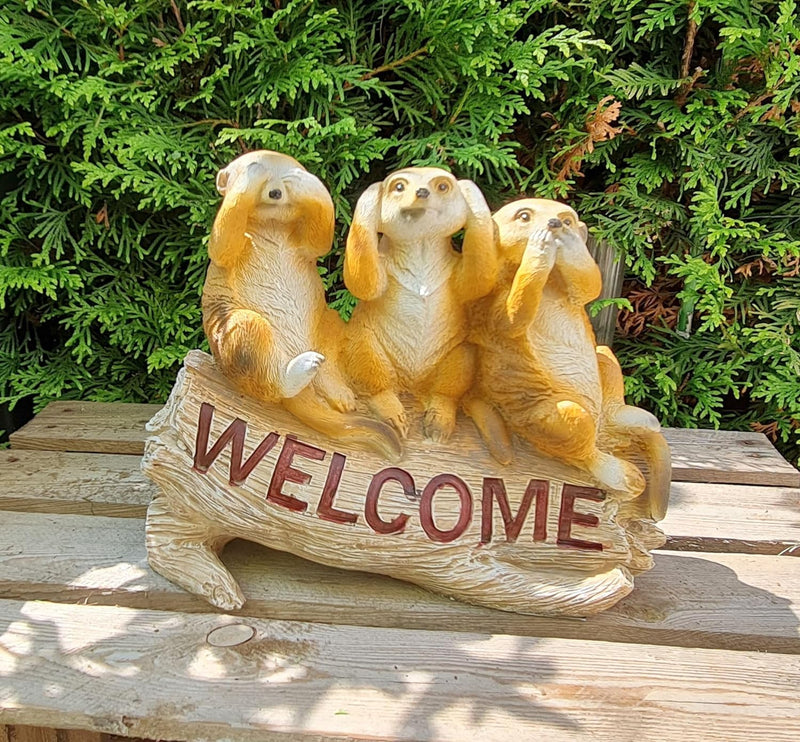 Kremers Schatzkiste Erdmännchen 3 Weisen als Welcome Schild Figur Gartenfigur 24 cm Meercat Tierfigu