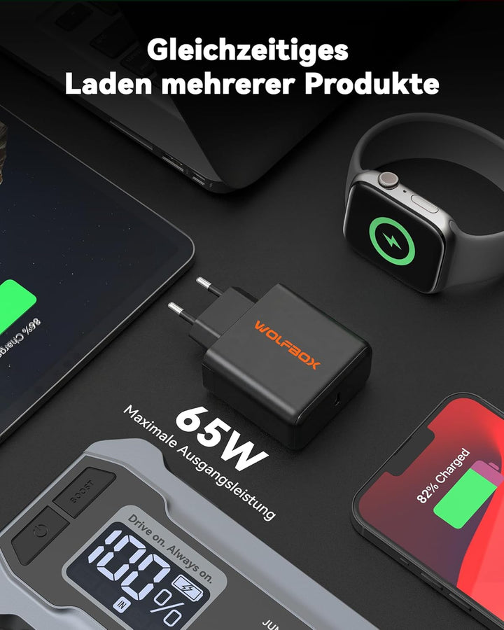 Wolfbox 65W Typ-C PD-Ladegerät, kompatibel mit Wolfbox Starthilfegeräten, Schnellladefunktion, unive
