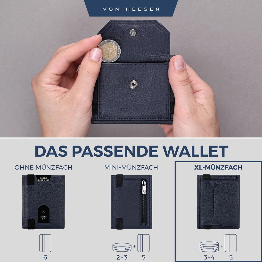 VON HEESEN Slim Wallet mit XL Münzfach & RFID-Schutz - Leder Geldbeutel - Mini Geldbörse für Herren