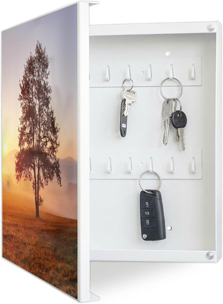 banjado® Grosser Schlüsselkasten Glas/Schlüsselbox 30cm x 30cm mit 50 Haken - Motiv Sonnenaufgang/Sc