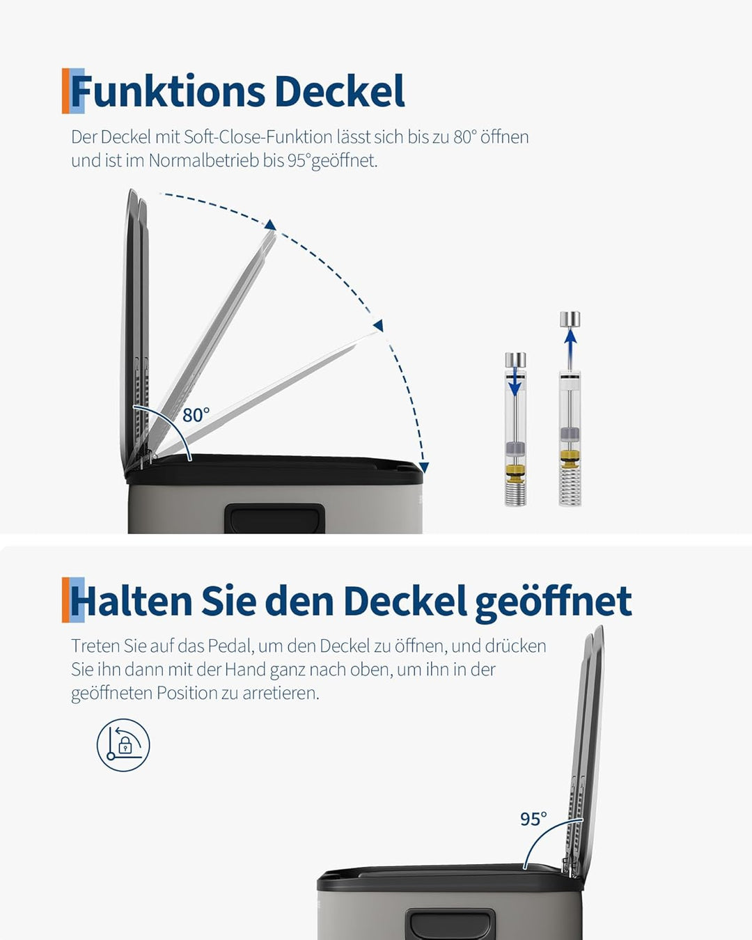 GarveeHome Mülleimer 2 Fächer 30 L, Mülltrennsystem mit 2 x 15 L Deckel aus Edelstahl, Treteimer Küc