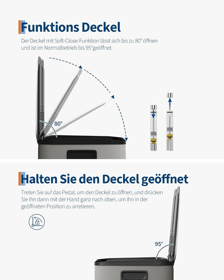 GarveeHome Mülleimer 2 Fächer 30 L, Mülltrennsystem mit 2 x 15 L Deckel aus Edelstahl, Treteimer Küc