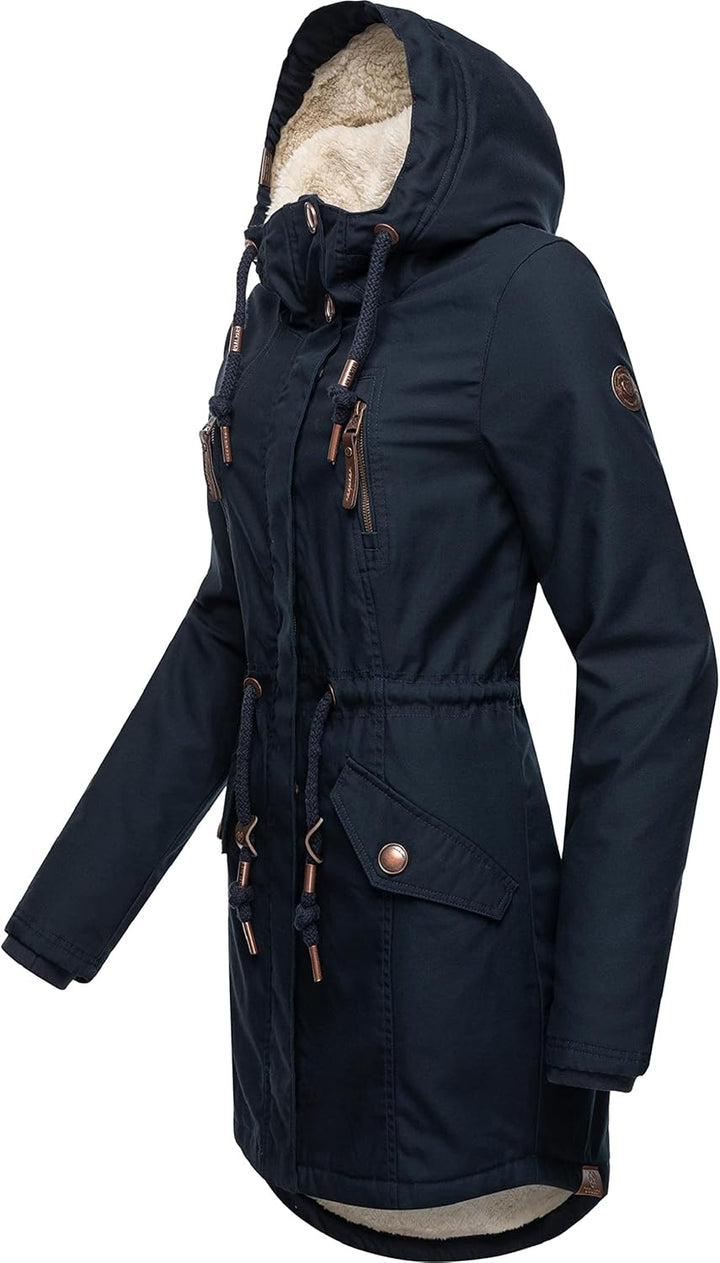 Ragwear Damen Mantel lange warme Winterjacke mit Teddyfell-Kapuze Elsie Intl XS-6XL XL Navy22, XL Na