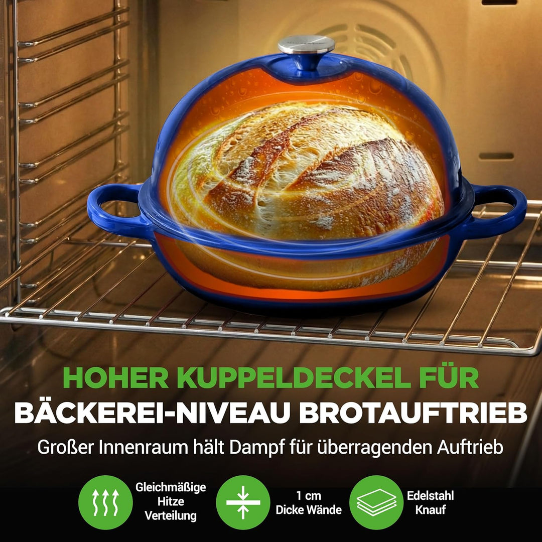 NutriChef Gusseisentopf zum Brotbacken 26 cm Dutch Oven Emailliert Blau– Mit Deckel und Griffen – In
