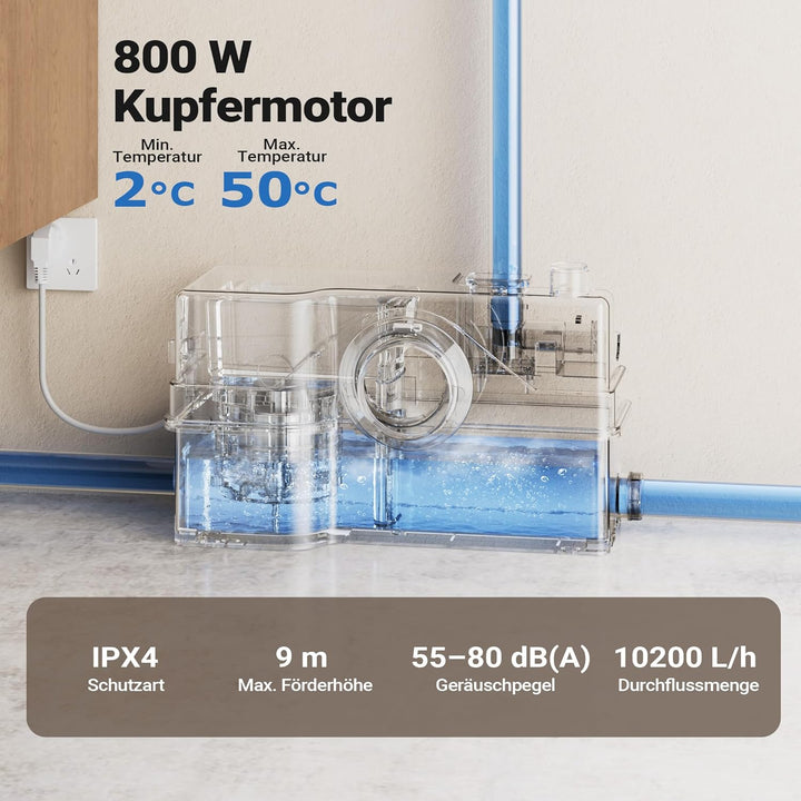 XPOtool 800W 4/2 WC Hebeanlage mit Zerkleinerer für Abwasser/Fäkalien, Schmutzwasserpumpe für WC