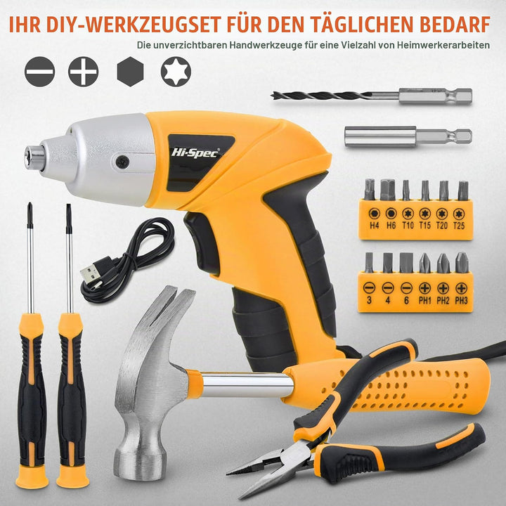 Hi-Spec 19-tlg. Gelb Werkzeugset mit USB 3.6V Akkuschrauber. Kleiner Werkzeugsatz mit elektrischem S