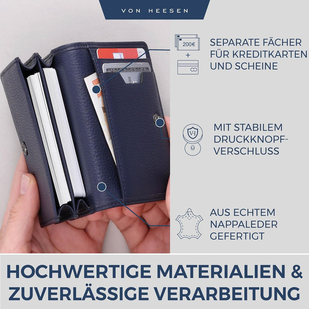 VON HEESEN® Visitenkartenetui Leder mit RFID-Schutz - Platz für 50 Visitenkarten - 6 Fächer - Visite