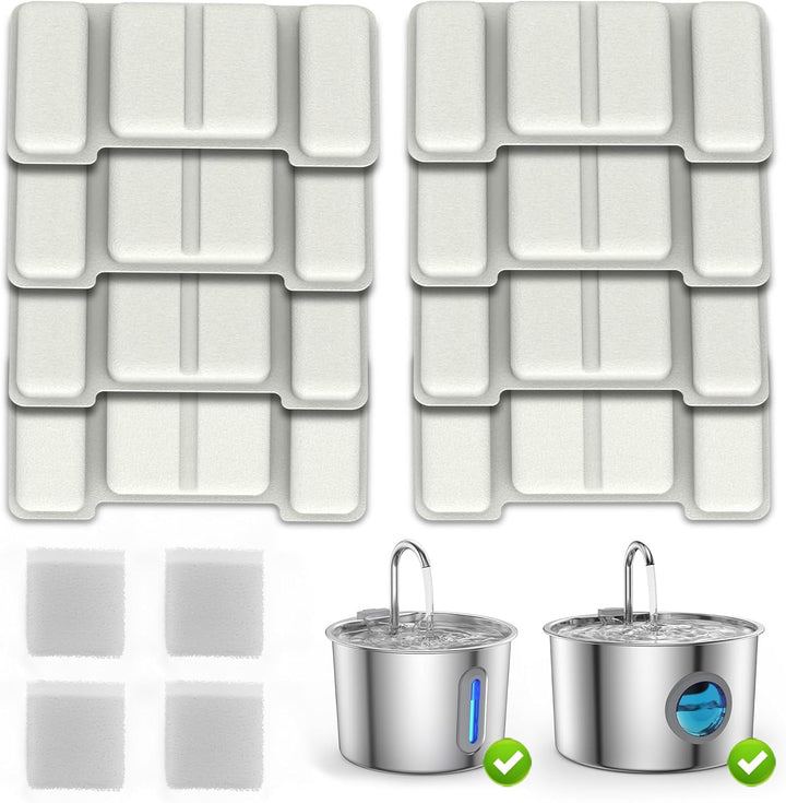 Ersatzfilter & Schwämme für 2.2L 3.2L Edelstahl Katze Wasserbrunnen, 8 Filter + 4 Schwämme Kit, vier