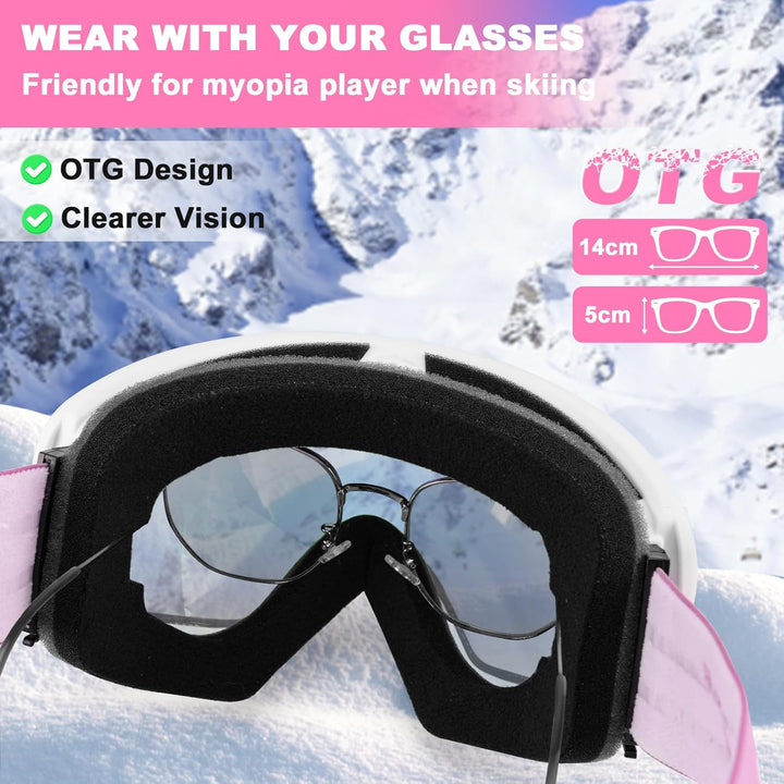 Trusiel Skibrille, Skibrille Damen Herren Anti-Fog Ski brille OTG, Skibrille für Brillenträger, 400