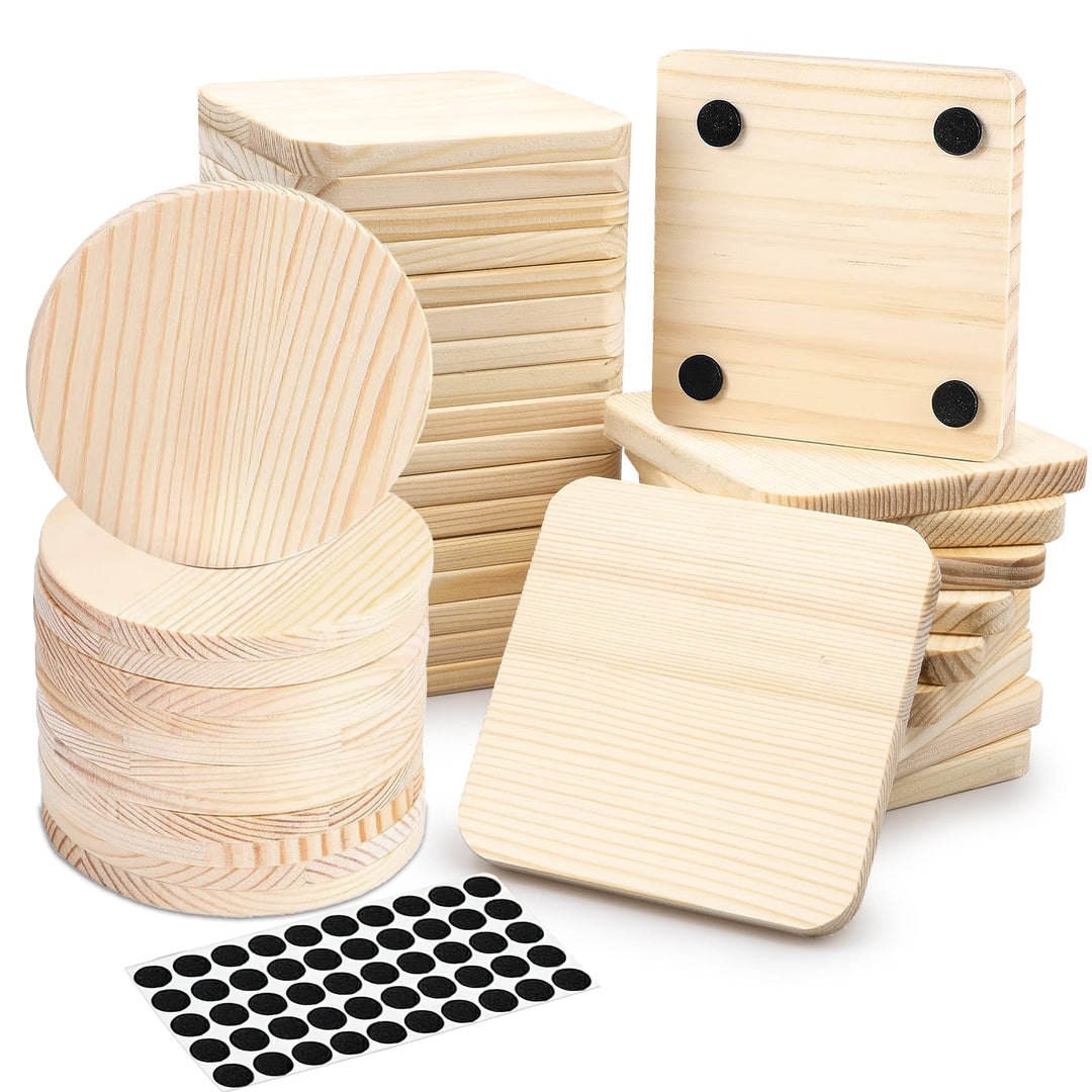 36 Stück Holzuntersetzer Blanko Set - 10cm Glasuntersetzer Holz Rohlinge (24 Eckig, 12 Rund) unbehan