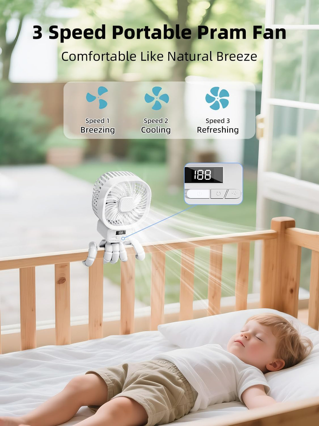 Tragbarer Ventilator Kinderwagen mit 10000mAh, 270° Drehung Ventilator Klein mit 3 Geschwindigkeiten