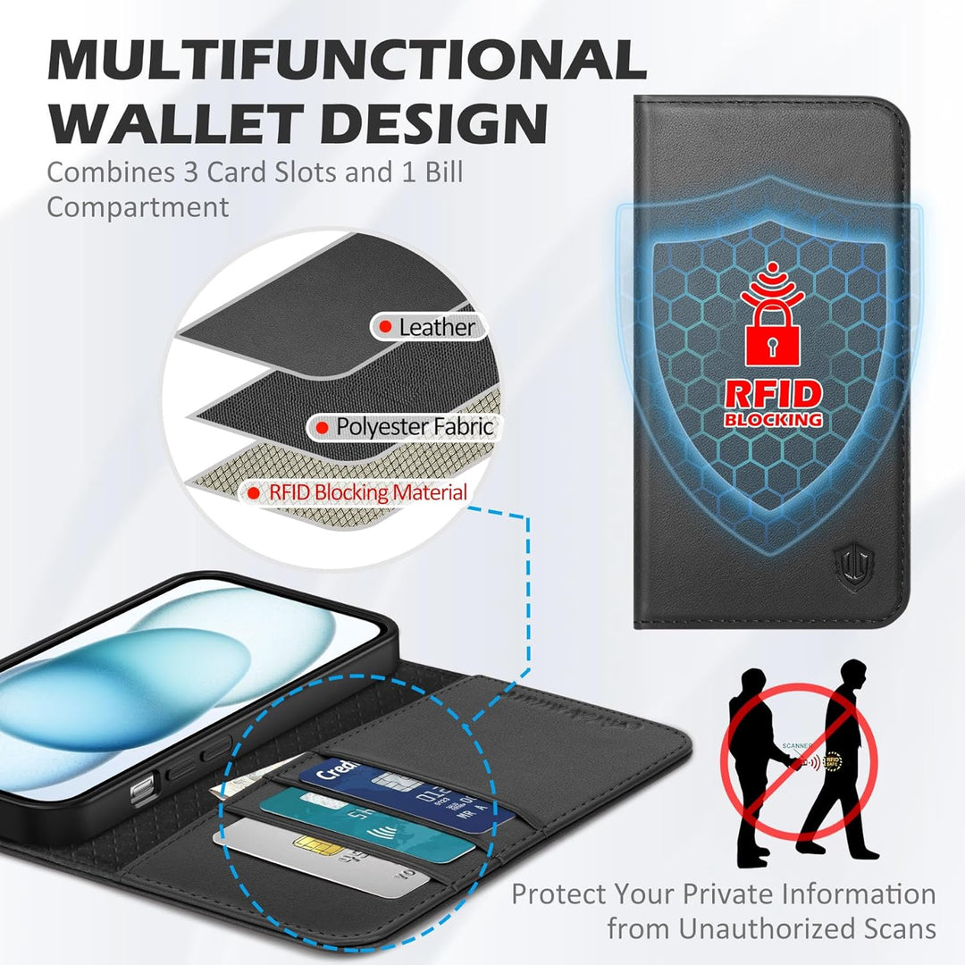SHIELDON Hülle für iPhone 15 5G, Stossfest Handyhülle [Echtleder] [Kartenfach] [Magnet] [Standfunkti